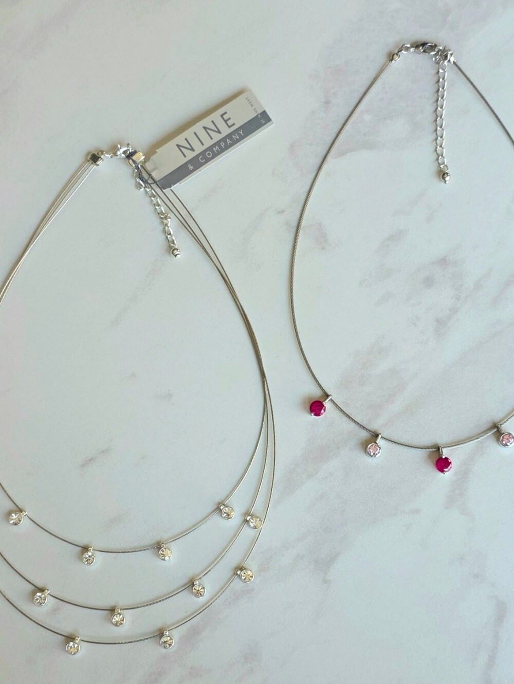 Nine & Company 2-in-1 Layered Necklace Set Silver Tone Crystal & Pink Stones NWT